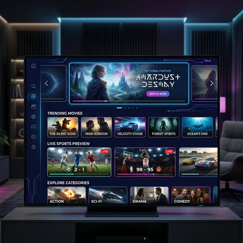 A flat screen TV with a menu of movies and shows on it.