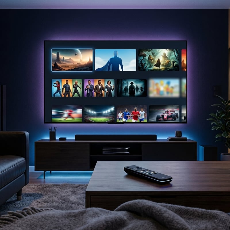 A large flat screen TV with a black frame and blue lights displaying a variety of movies and shows.