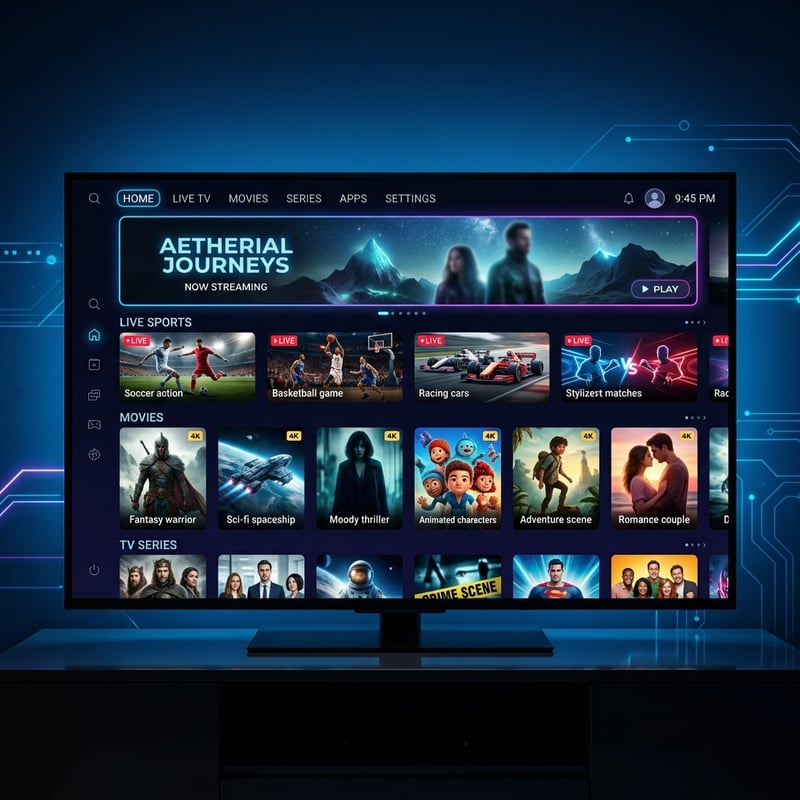 A flat screen TV with a menu of IPTV channels.