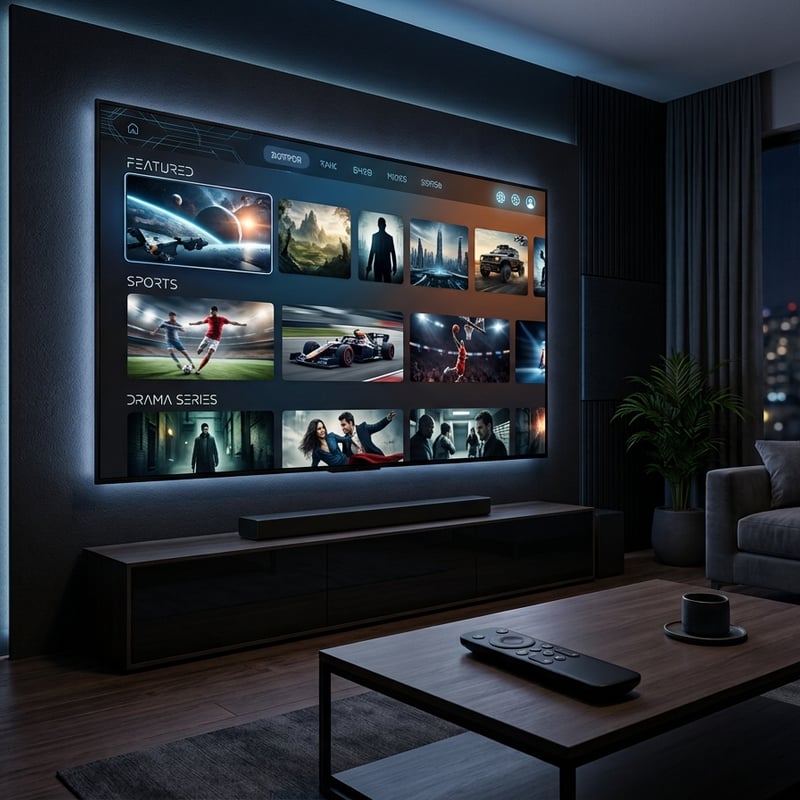 A large flat screen TV with a menu of movies and sports.