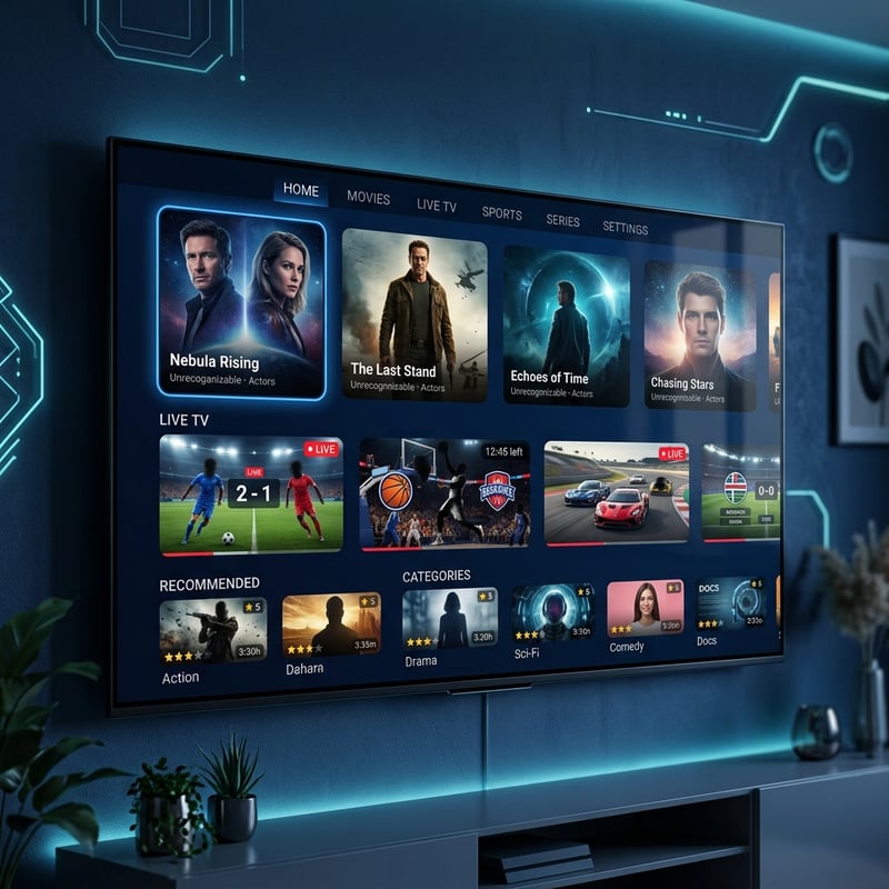 A flat screen TV with a blue background displaying a selection of movies and TV shows.