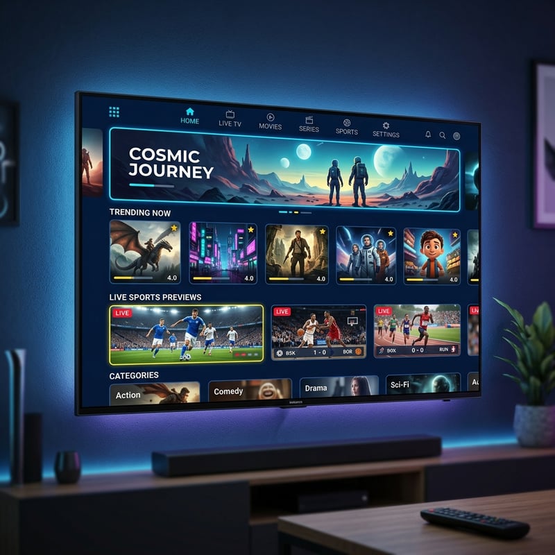 A large flat screen TV displaying a menu of IPTV channels.