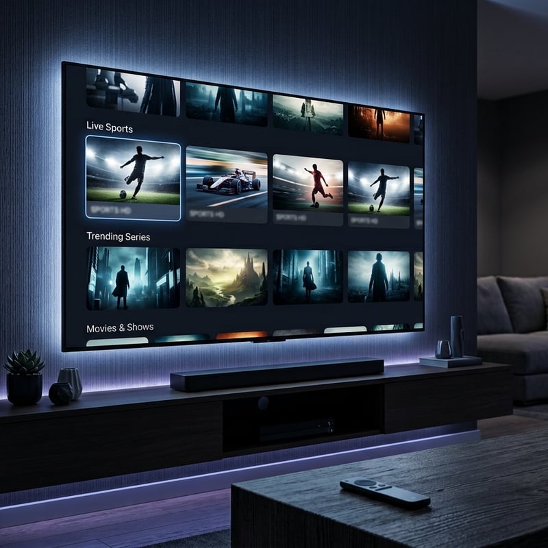 A large flat screen TV displaying a variety of shows and movies.