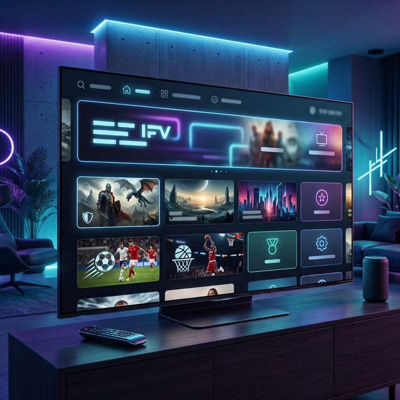A large flat screen TV with a menu of IPTV options.