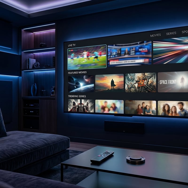 A large flat screen TV with a black frame displaying a variety of IPTV channels.