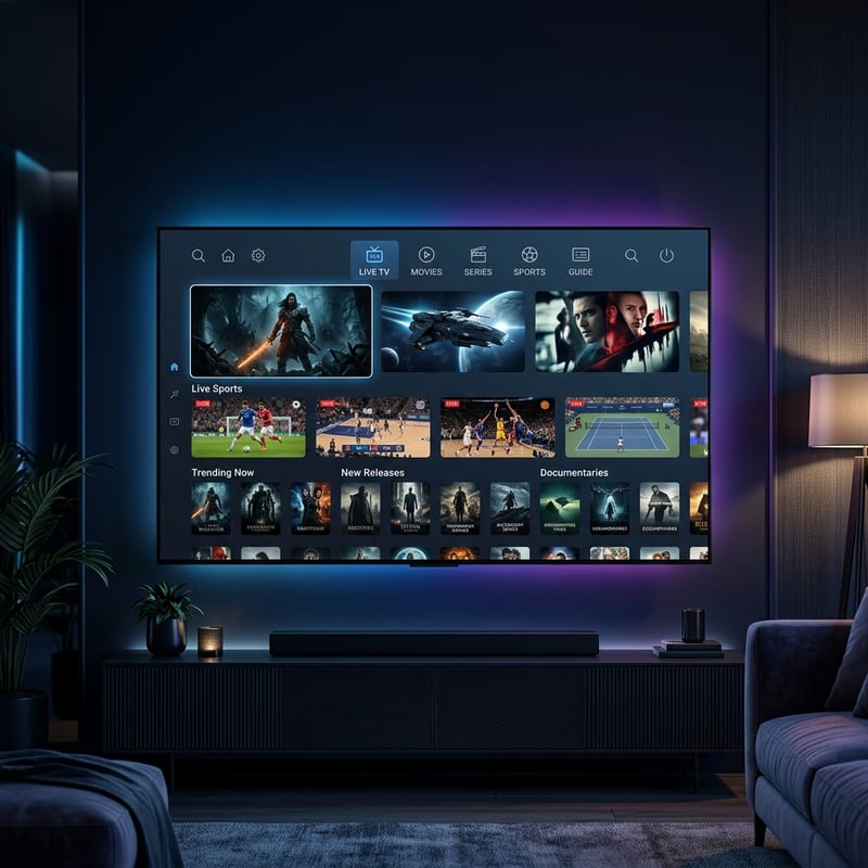 A large flat screen TV with a blue and purple background displaying a selection of movies and TV shows.
