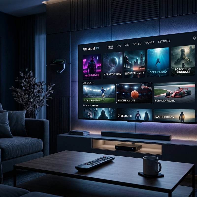 A large flat screen TV with a menu of IPTV options.