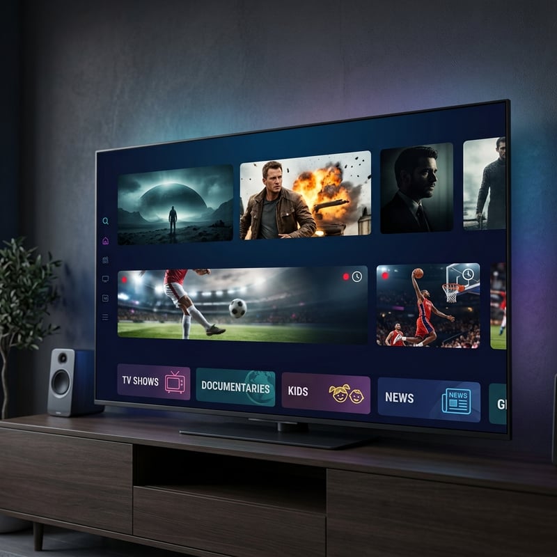A flat screen TV with a menu of channels including IPTV.