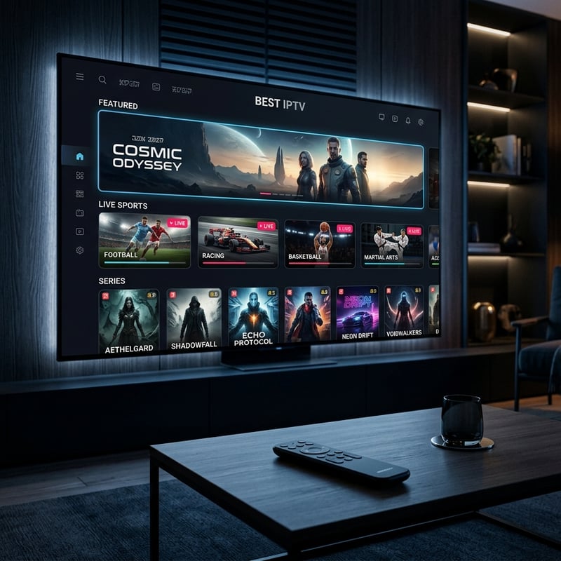 A flat screen TV with a menu of IPTV options.