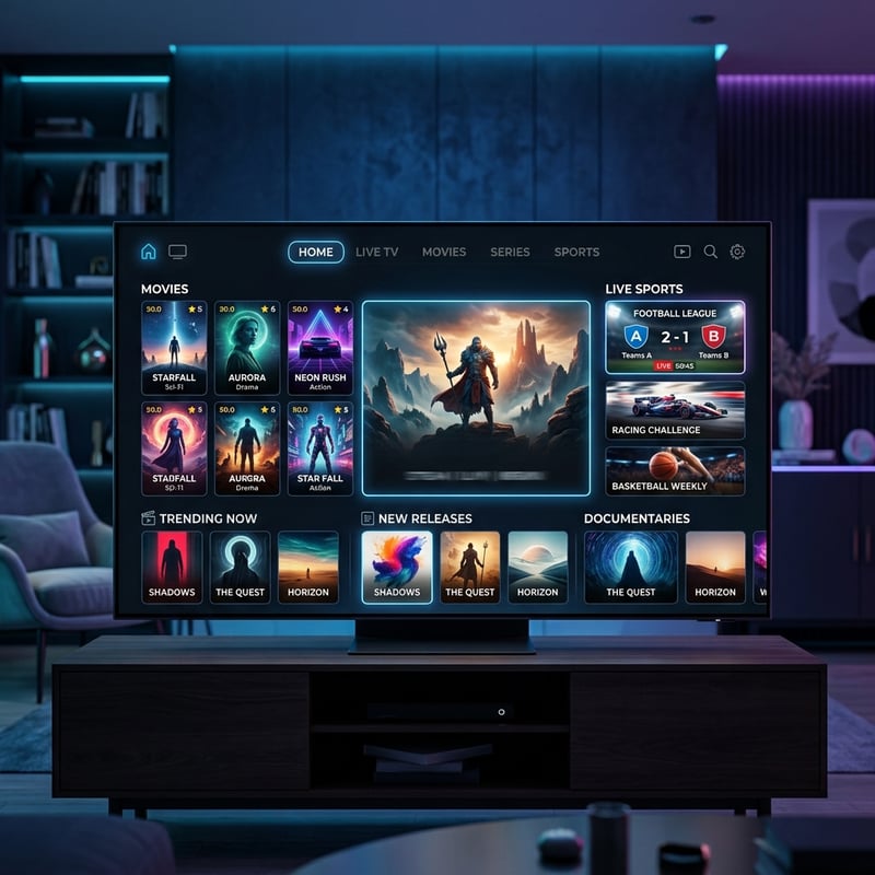 A flat screen TV displaying a menu of movies and TV shows.