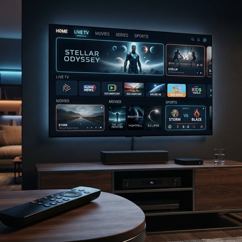 A flat screen TV with a menu of IPTV channels.