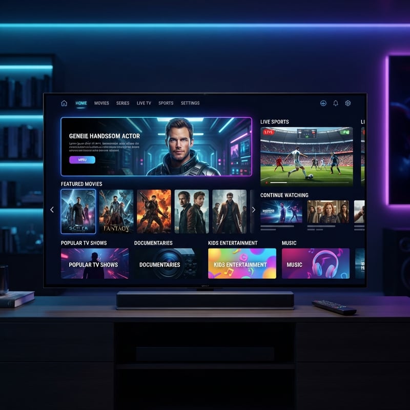 A flat screen TV with a menu of movies and shows on it.