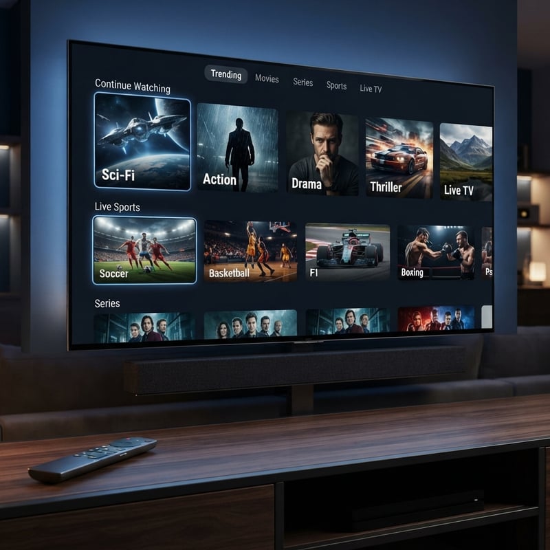 A flat screen TV with a menu of movies and shows on it.
