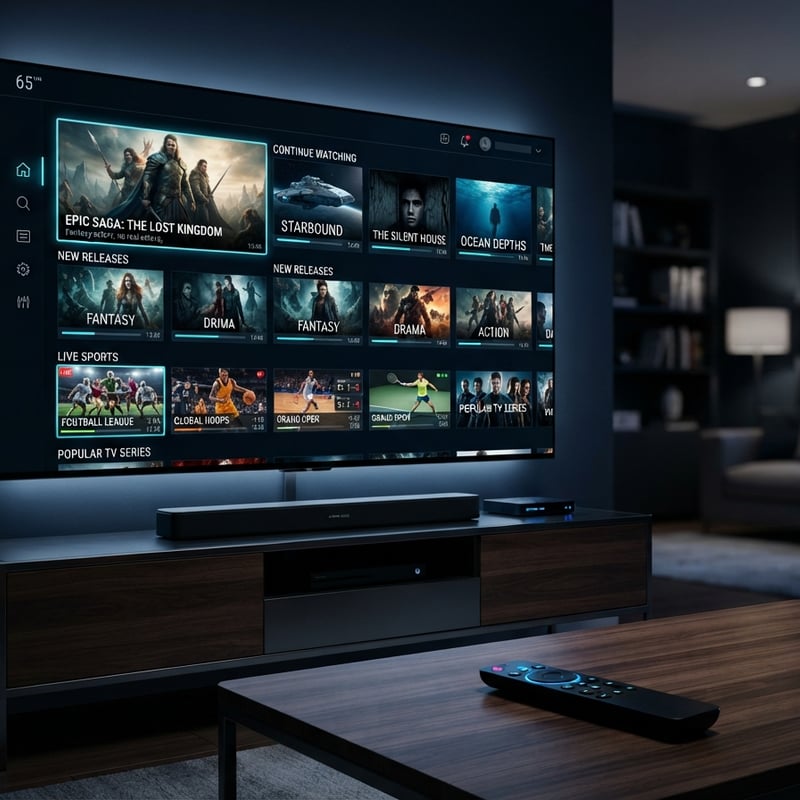 A flat screen TV with a menu of IPTV channels.