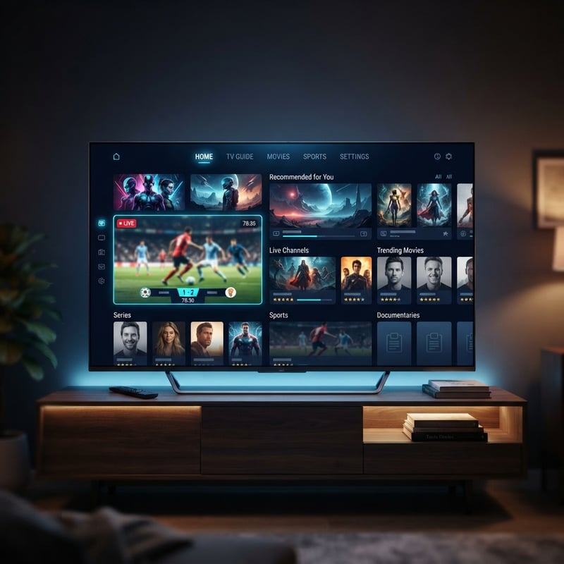 A large flat screen TV with a menu of movies and shows on it.