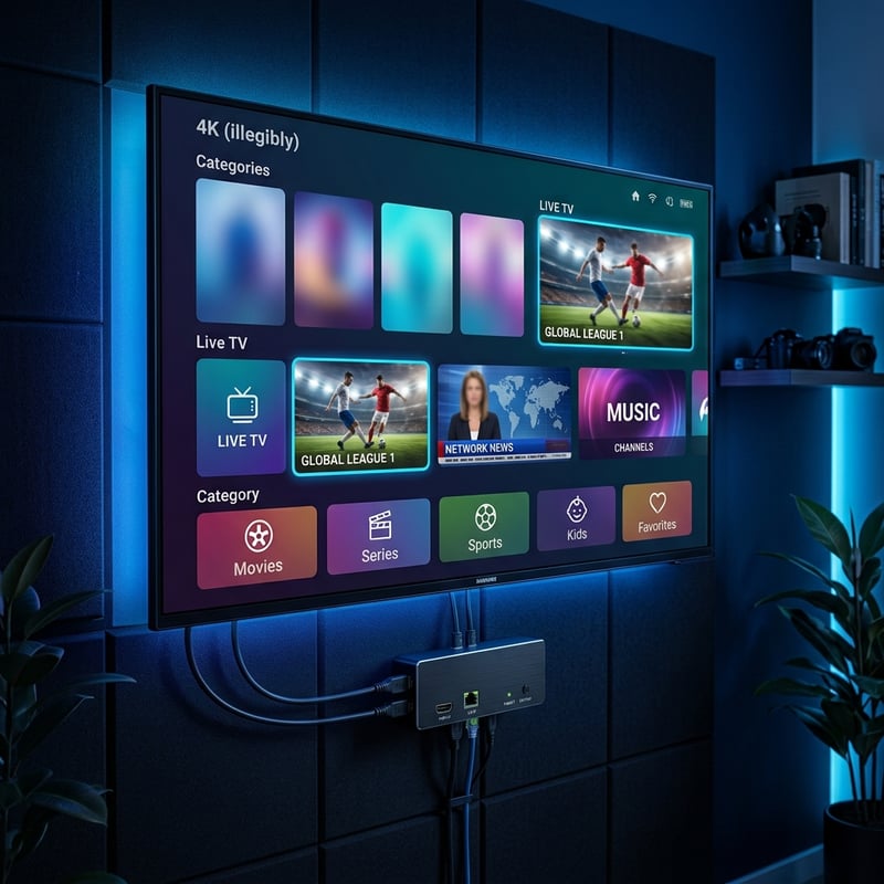 A large flat screen TV displaying a variety of channels including IPTV.