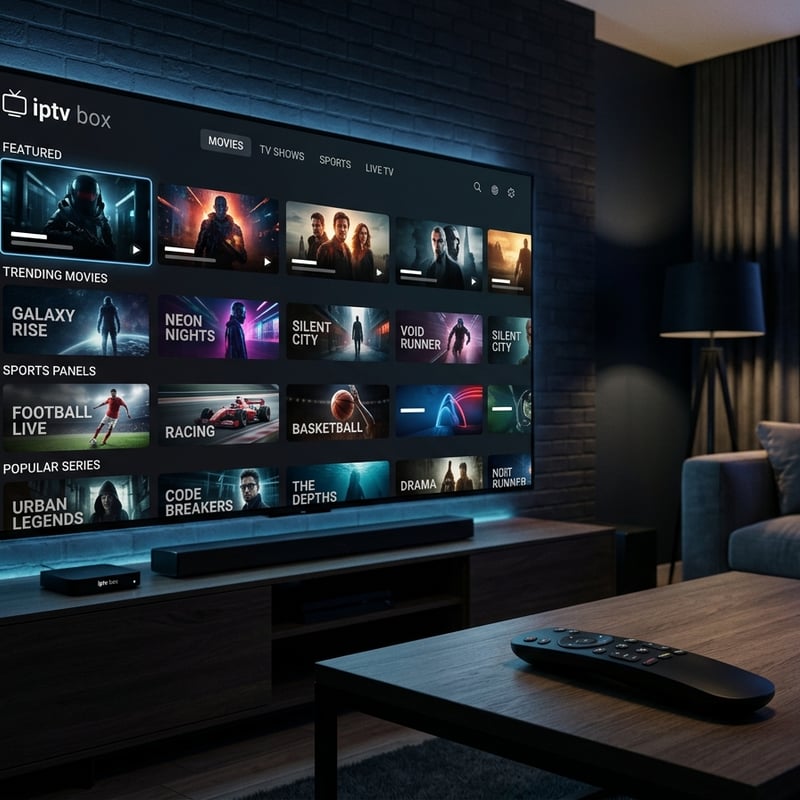A large flat screen TV with IPTV on the screen.