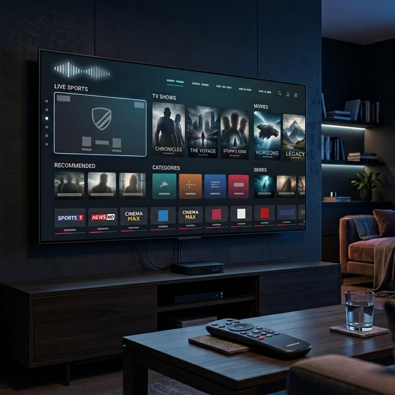 A large flat screen TV displaying a menu of IPTV options.
