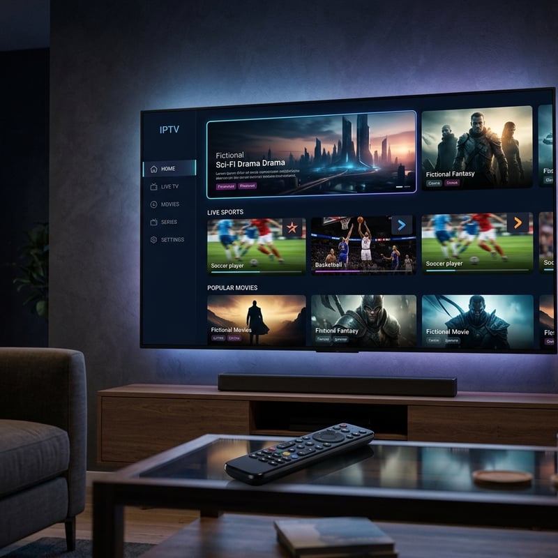 A large flat screen TV displaying a selection of movies and shows on an IPTV platform.