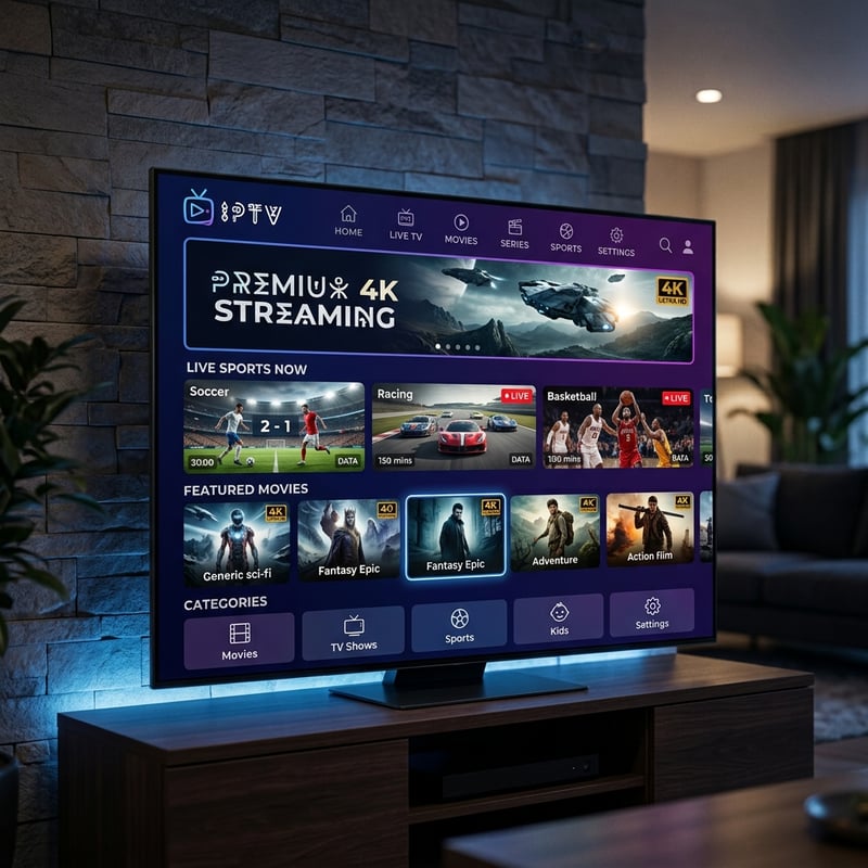 A large flat screen TV displaying a menu of IPTV channels.