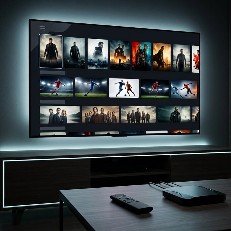 A large flat screen TV displaying a collection of movies and shows.