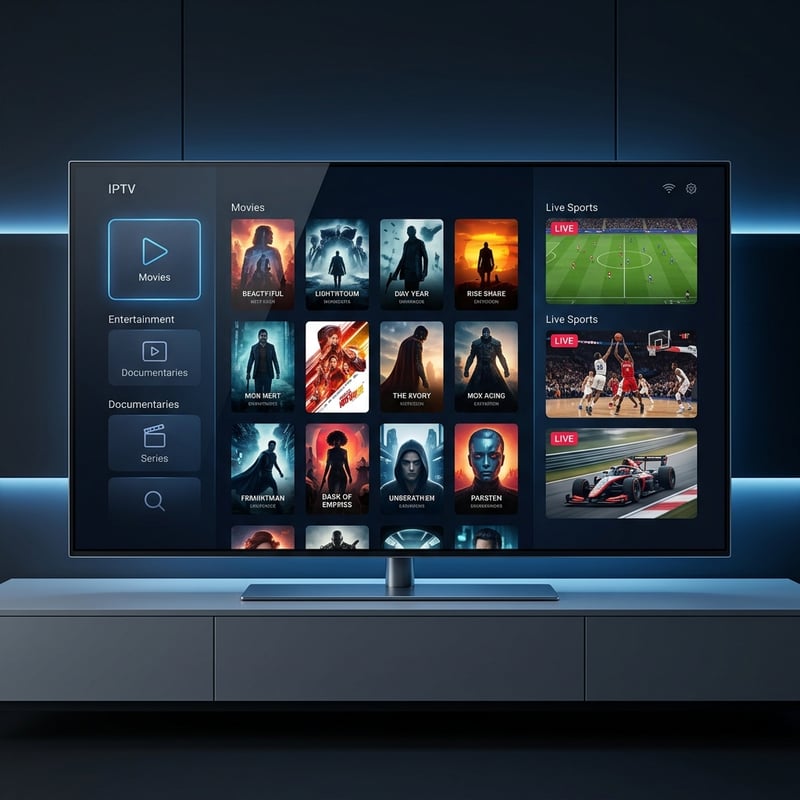 A flat screen TV with a menu of movies and sports.