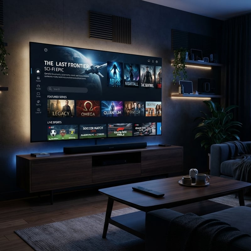 A large flat screen TV displaying a selection of movies and shows.