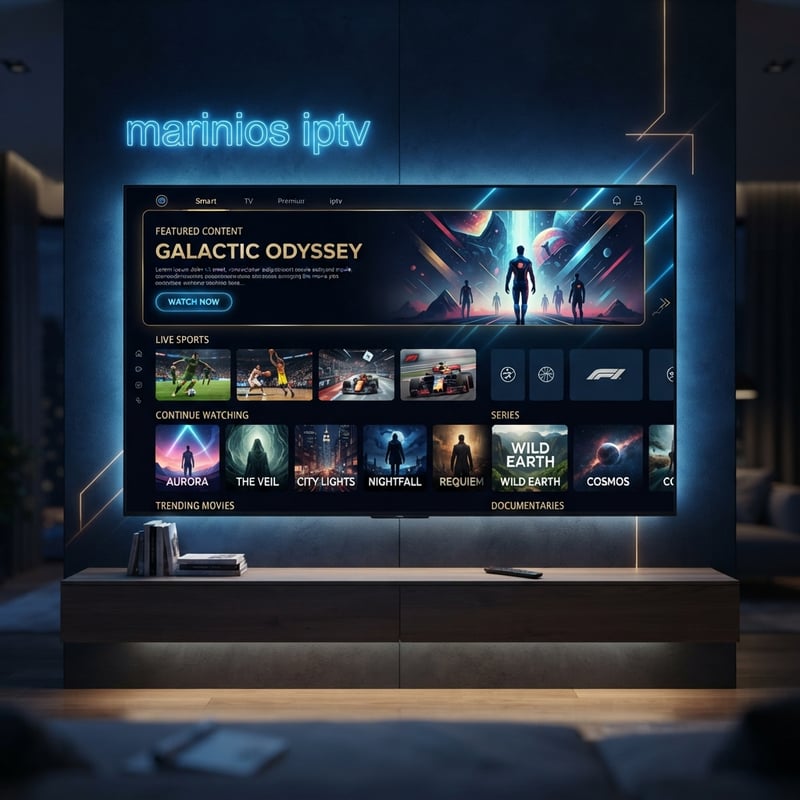 A large flat screen TV with the words Marinos IPTV on the bottom.