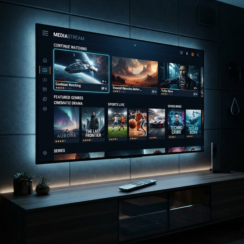 A large flat screen TV with a menu of movies and shows on it.
