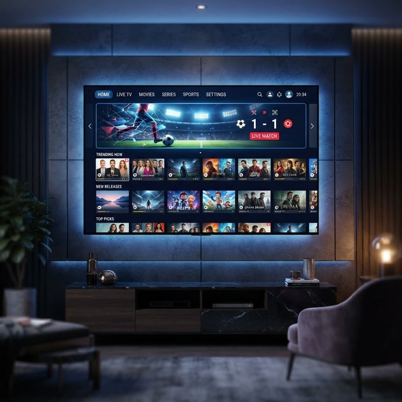 A large flat screen TV with a menu of IPTV options.