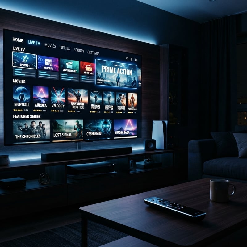 A large flat screen TV with a menu of movies and shows on it.