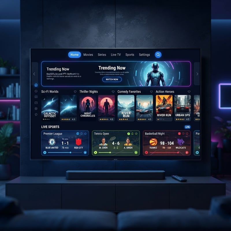 A flat screen TV displaying a menu of IPTV channels.