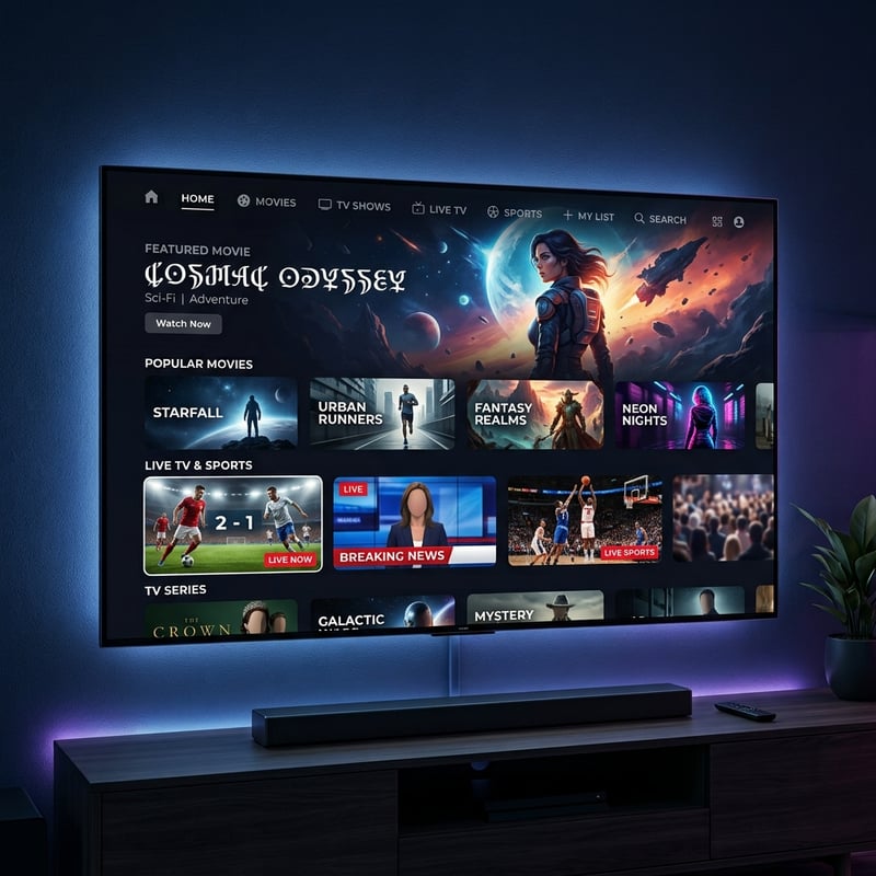 A large flat screen TV with a woman on it and the words 
