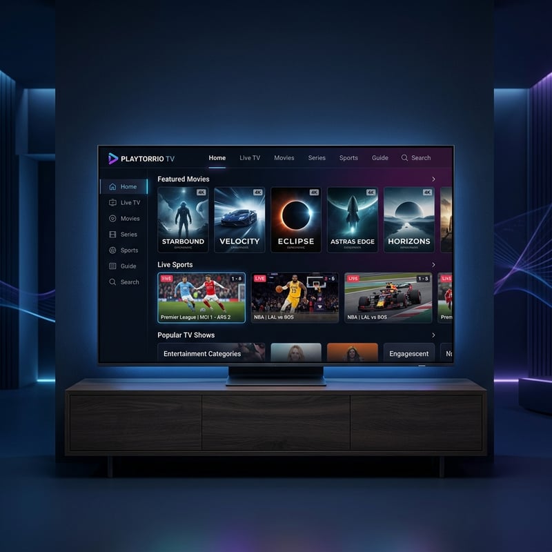 A flat screen TV with a blue background displaying a selection of movies and shows.