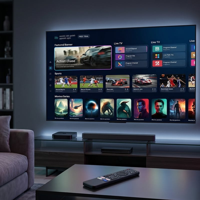 A flat screen TV displaying a menu of IPTV options.