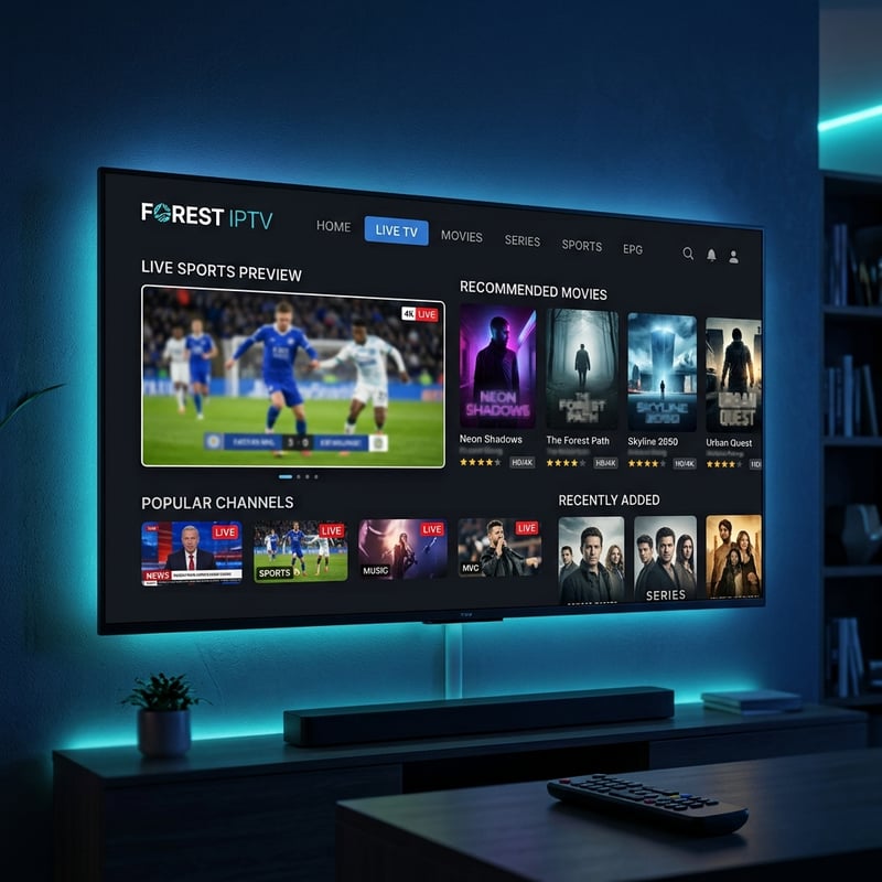 A flat screen TV displaying a menu of IPTV channels.