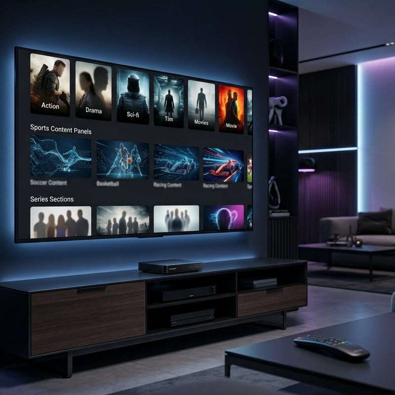 A large flat screen TV with a menu of movies and shows on it.