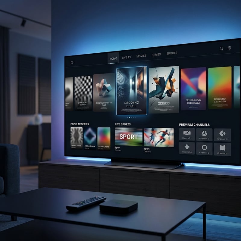 A flat screen TV with a menu of IPTV channels.