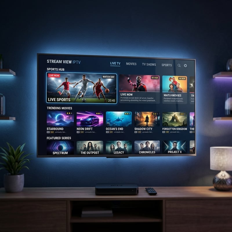 A flat screen TV displaying a variety of IPTV channels.
