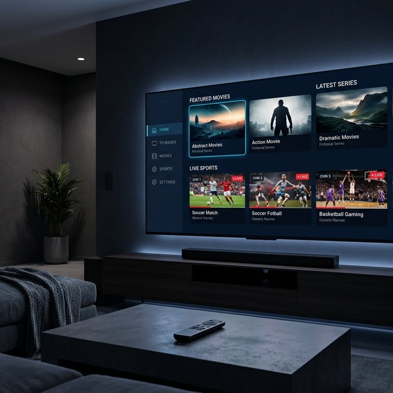 A large flat screen TV with a menu of movies and shows on it.