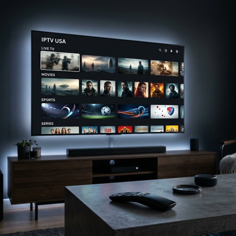 A flat screen TV with the IPTV USA app on it.