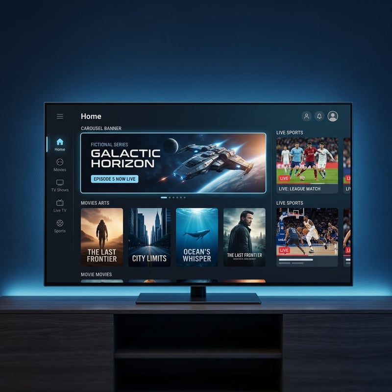 A flat screen TV with a home screen that says Galactic Horizon.