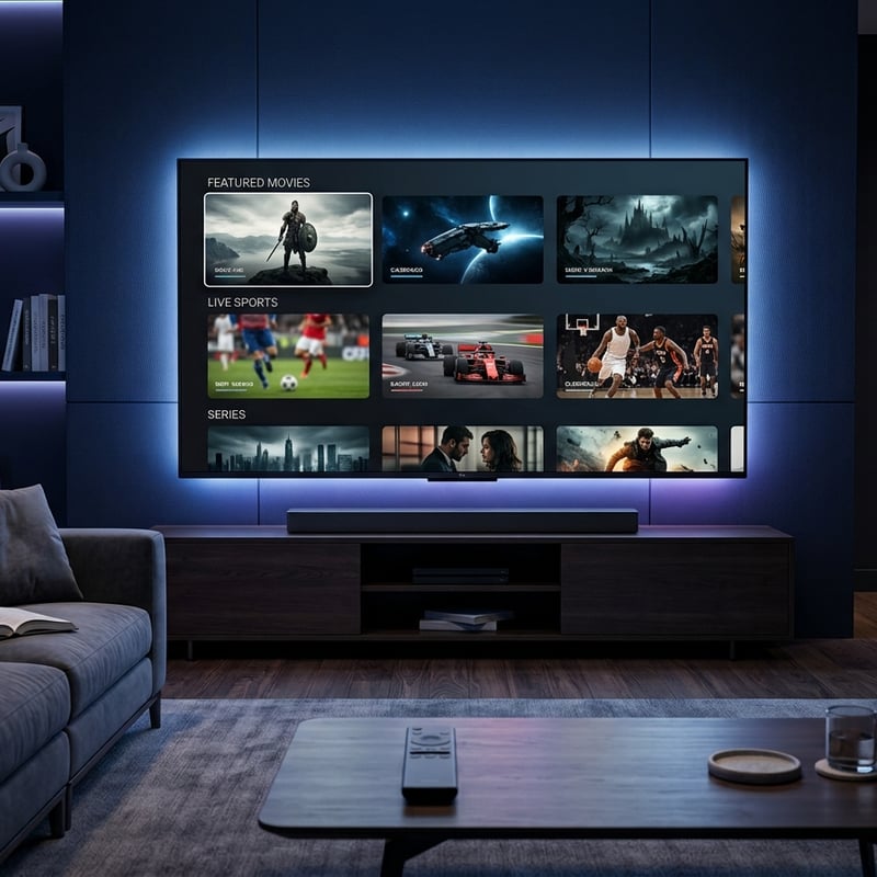 A large flat screen TV with a black frame displaying various channels including IPTV.