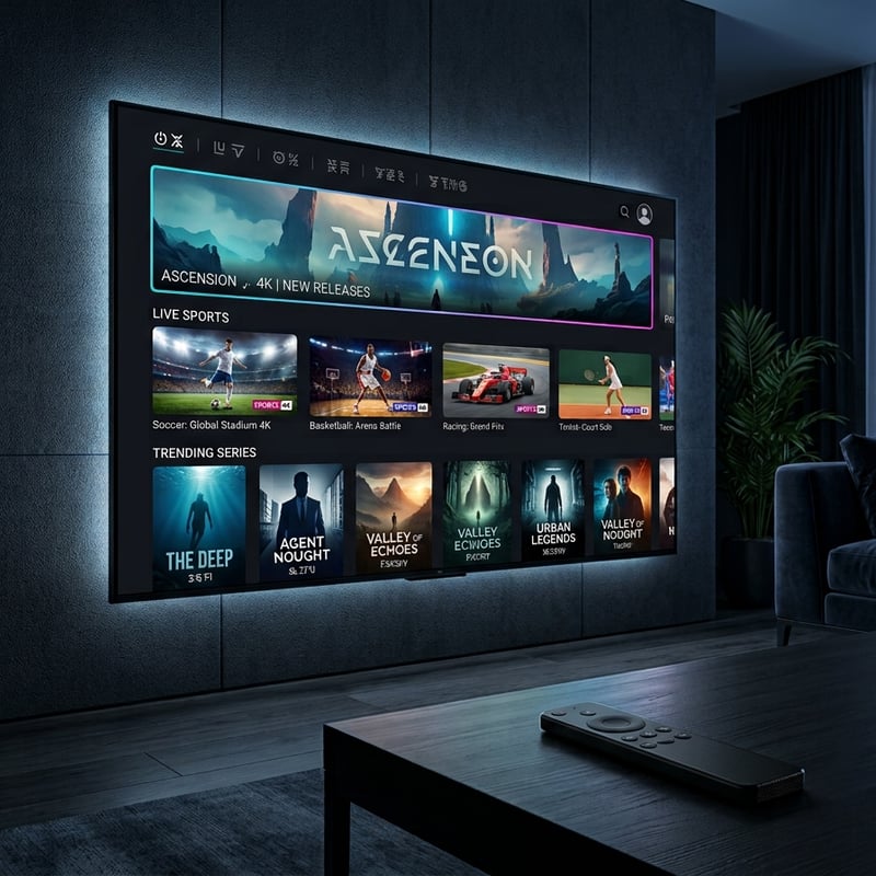 A large flat screen TV displaying a menu of IPTV channels.