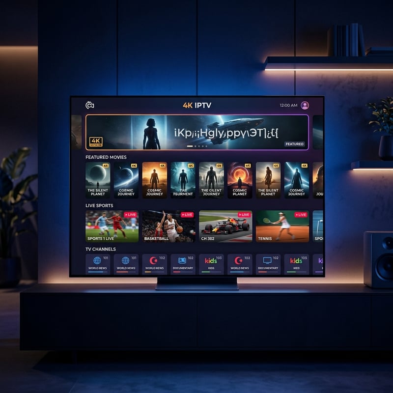 A flat screen TV with a menu of IPTV channels.