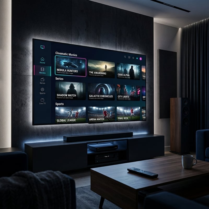 A large flat screen TV with a menu of movies and shows on it.