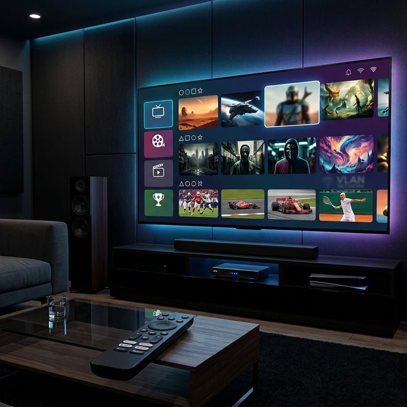A large flat screen TV with a black frame and blue lights on a wall.