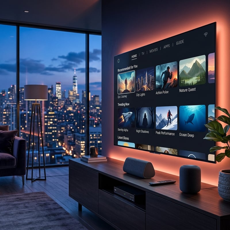 A large flat screen TV with a city view in the background.