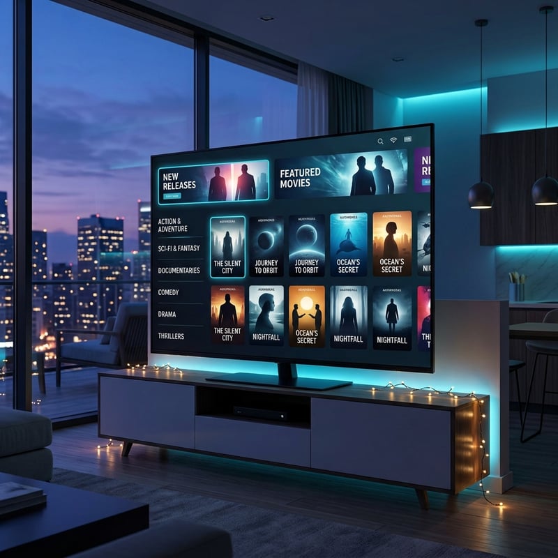 A large flat screen TV with a menu of movies and shows on it.