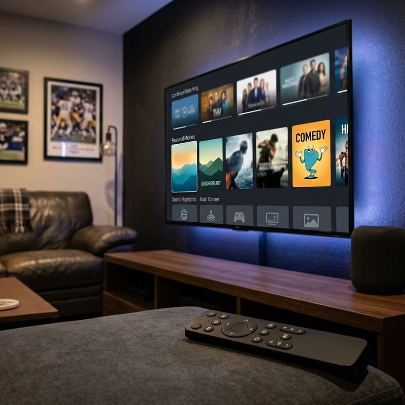 A large flat screen TV with a remote control in front of it.